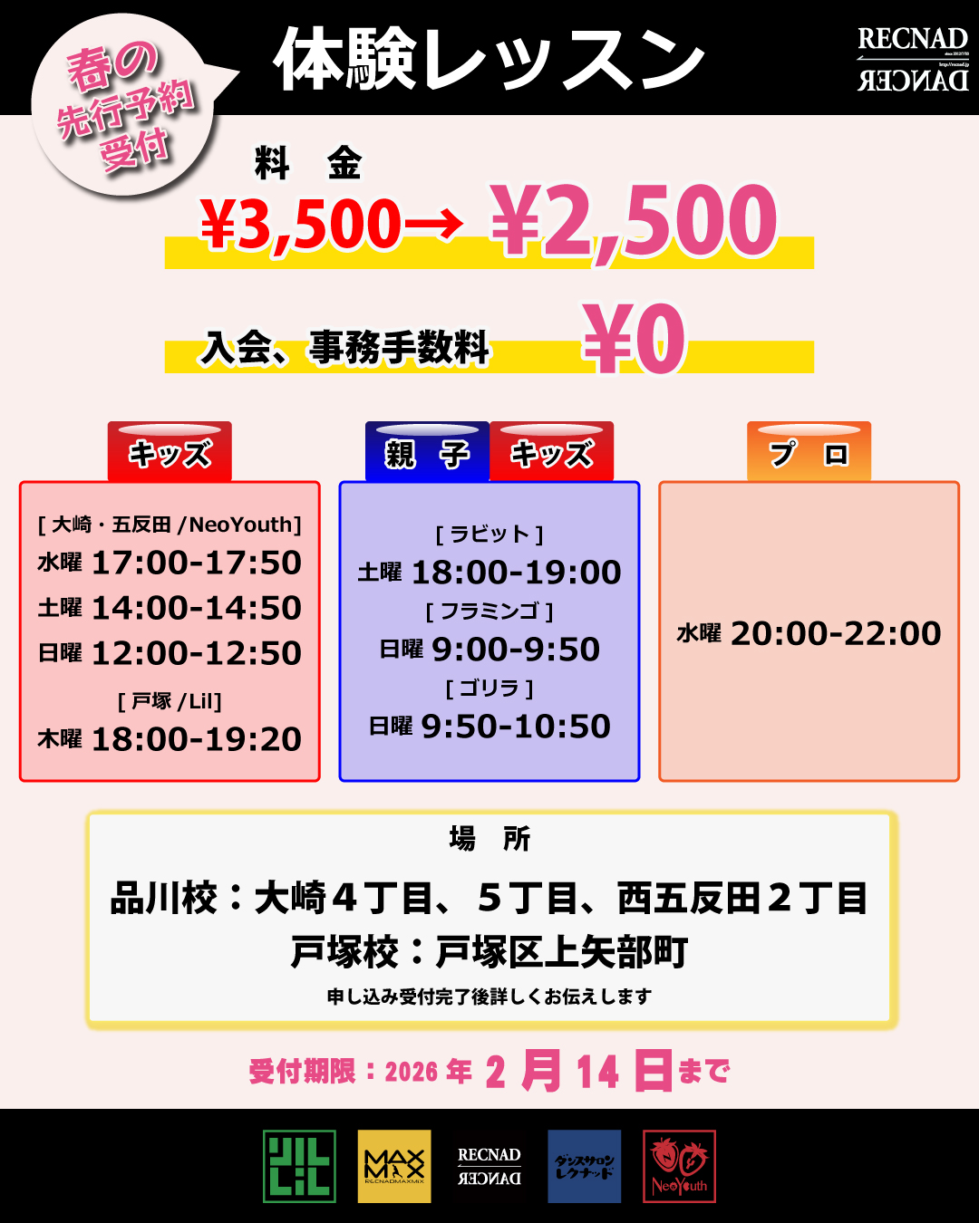 春の先行受付|「全年齢対象 | 親子でも参加できる 」ダンススクール | 品川区大崎 ダンスサロンレクナッド